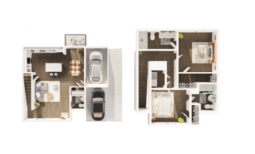 2A - 2 bedroom floor plan layout with 2.5 bathrooms and 1254 square feet